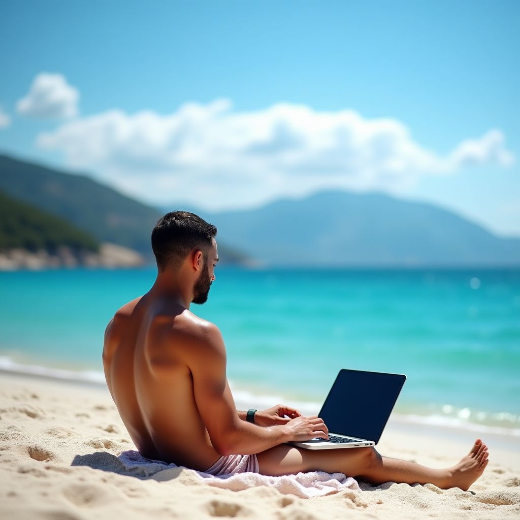 Sahil kenarında laptop ile çalışan